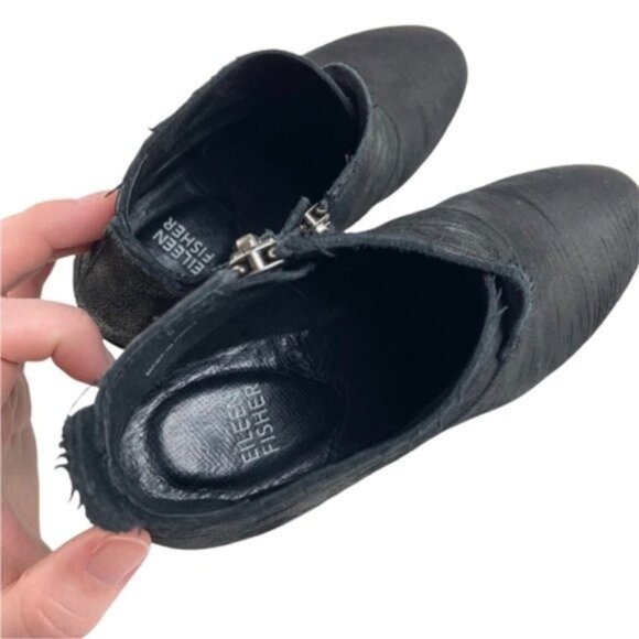 Eileen Fisher Murphy Storm Textured Nubuck Black Leather Ankle Booties - Picture 11 of 11